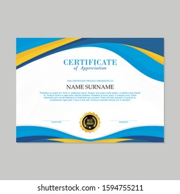 Certificate Template, modern and trendy design, with Blue, Yellow and White wave style color, make it appear more professional, elegant and luxury