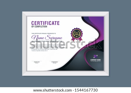 Certificate Template, modern and trendy design, with purple, blue and black combination color, make it appear more professional, elegant and luxury.