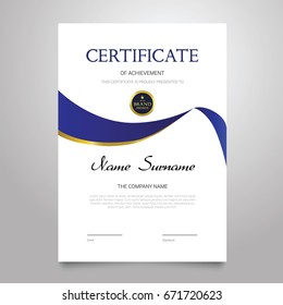 Certificate Template - modern vertical elegant vector document with luxury design. Diploma of achievement, appreciation with copy space for name, surname, company information.