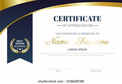 Certificate template modern wave curve lines and best award brand premium golden badge vector illustration.