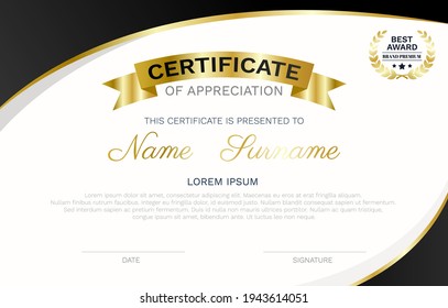 Certificate template modern wave curve lines design and best award laurel wreath winner golden badge vector illustration.