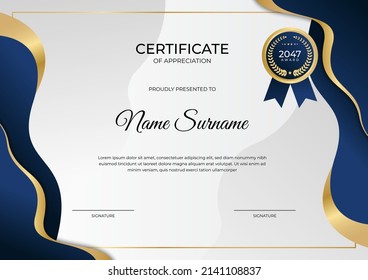 Certificate template modern wave curve lines and best award brand premium golden badge vector illustration. Suit for award, company employee of the month, diploma, education and business needs