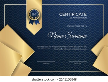 Certificate template modern wave curve lines and best award brand premium golden badge vector illustration. Suit for award, company employee of the month, diploma, education and business needs