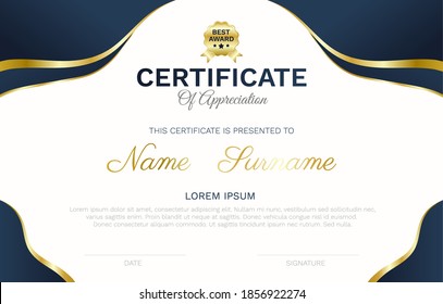 Plantilla de certificado líneas de onda de flujo de curvas modernas diseño de borde de marco y mejor ilustración de vector de placa dorada galardonada.