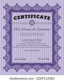 Plantilla de certificado.  Diseño del patrón de dinero.  Con un patrón de guilloche de gran calidad.    Color violeta.