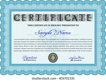 Certificate template. Nice design. Detailed. Printer friendly. Light blue color.