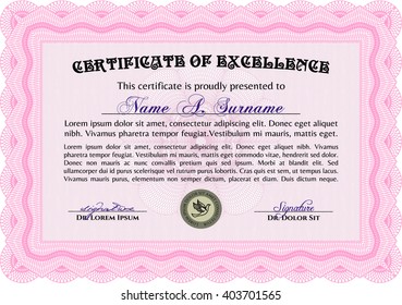 Certificate template. Nice design. Detailed. Printer friendly. Pink color.