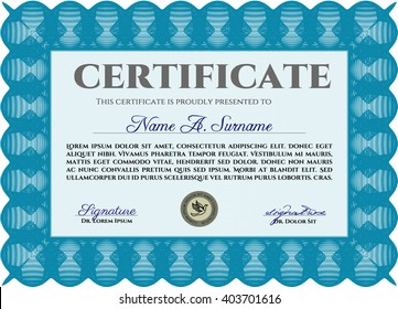 Certificate template. Nice design. Detailed. Printer friendly. Light blue color.