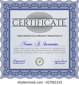 Plantilla de certificado. Buen diseño. Detallado. Fácil de imprimir. Color azul.