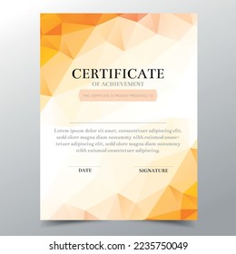 Certificate template with orange geometric elegant design, Diploma design graduation, award, success.