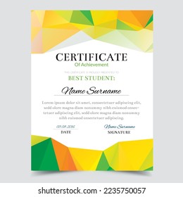 Certificate template with orange geometric elegant design, Diploma design graduation, award, success.