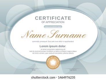 Certificate template with oval shape on grey background. Certificate of appreciation, award diploma design template. Vector illustration
