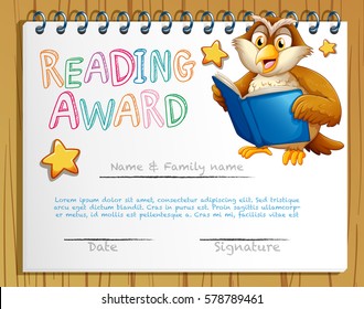 Certificate template with owl reading book illustration