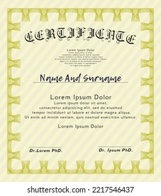 Certificate template.  Perfect design.  With complex linear background.  Vector illustration.  Yellow color.