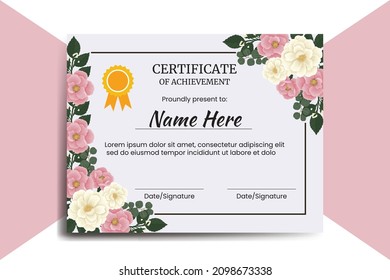 Plantilla de certificado Pink Mini Rose Flor acuarcolor Digital mano
