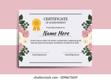Certificate Template Pink Mini Rose Flower watercolor Digital hand drawn svg