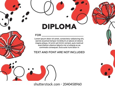 Certificate template. Poppy diploma. Useful for certificate of completion, of excellence, of attendance template, design courses, floral design. Diploma or certificate template for kids.