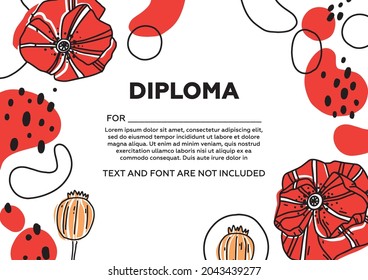 Certificate template. Poppy diploma. Useful for certificate of completion, of excellence, of attendance template, design courses, floral design. Diploma or certificate template for kids.