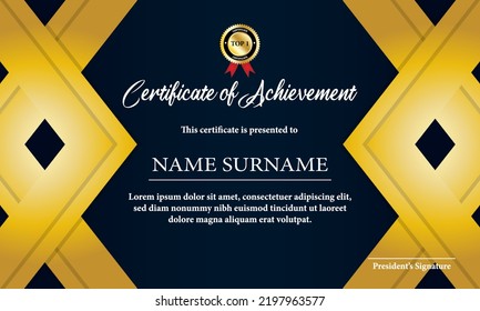 Certificate Template with premium luxury golden triangle geometric elements on dark blue background