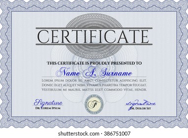 Certificate template. Printer friendly. Detailed. Nice design. Blue color.