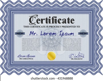 Certificate template. Printer friendly. Detailed. Nice design. Blue color.