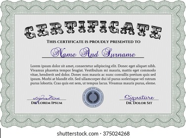 Certificate template. Printer friendly. Nice design. Detailed. Green color.