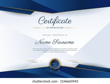 Certificate template with professional clean design. Vector illustration. Certificate of achievement blue gold abstract geometric texture decoration for multi-purpose business or education needs