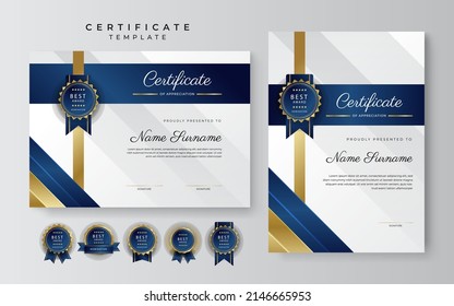 Certificate template with professional clean design. Vector illustration. Certificate of achievement blue gold abstract geometric texture decoration for multi-purpose business or education needs