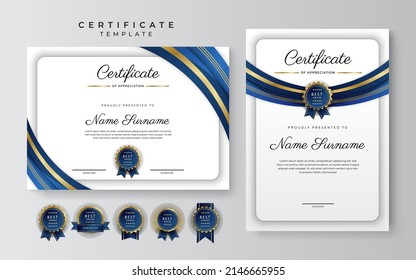 Certificate template with professional clean design. Vector illustration. Certificate of achievement blue gold abstract geometric texture decoration for multi-purpose business or education needs