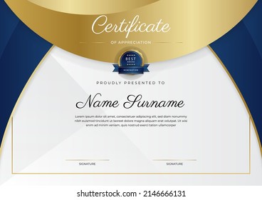Plantilla de certificado con diseño profesional limpio. Ilustración vectorial. Certificado de logro oro azul abstracto decoración de borde geométrico para necesidades multipropósito de negocio o educación