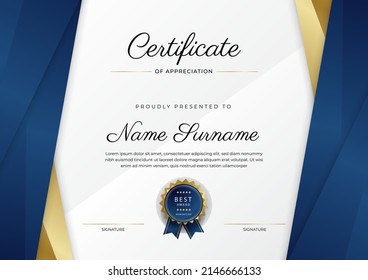 Certificate template with professional clean design. Vector illustration. Certificate of achievement blue gold abstract geometric border decoration for multi-purpose business or education needs