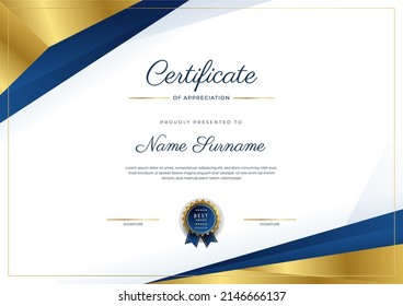 Plantilla de certificado con diseño profesional limpio. Ilustración vectorial. Certificado de logro oro azul abstracto decoración de borde geométrico para necesidades multipropósito de negocio o educación