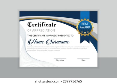 Certificate template with professional clean design, certificate of appreciation border template with luxury badge and modern certificate template vector design, For award, business, and education