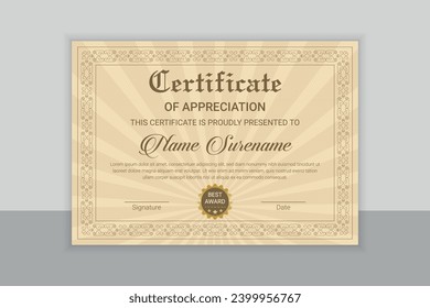 Plantilla de certificado con diseño limpio profesional, plantilla de borde de certificado de apreciación con placa de lujo y diseño vectorial de plantilla de certificado moderno, Para premios, negocios y educación