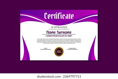 a certificate template with a purple background and a gold medal. Perfect for recognizing achievements or awarding accomplishments in various fields or competitions.