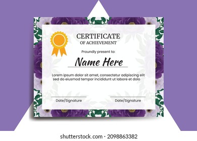 Certificate Template Purple Peony Flower watercolor Digital hand drawn svg