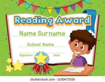 Certificate template for reading award with boy reading in background illustration