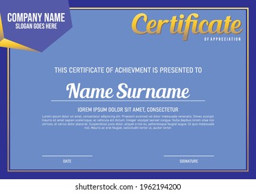 
Certificate template in rectangle style, blue and gold outline color