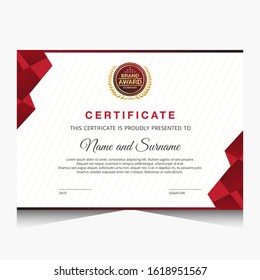 Certificate template with red and fold color.It is suitable for companies, universities, schools, courses.