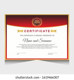 Certificate template with red and fold color.It is suitable for companies, universities, schools, courses.