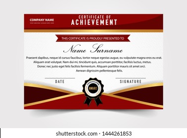 certificate template red and gold with award badge and clean modern line pattern Vector illustration 