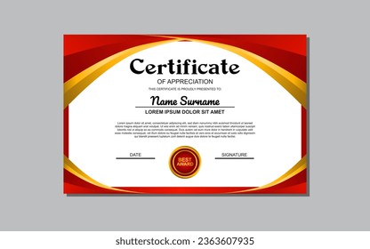 Certificate template with red and gold color: This design asset is suitable for creating elegant certificates for awards, achievements, diplomas, or any formal recognition.