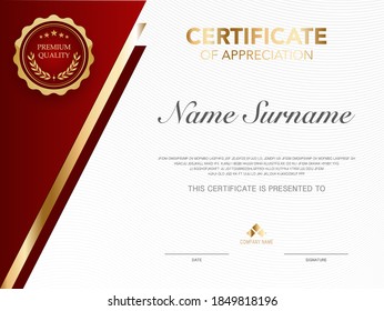 Certificate template red and gold with luxury style image. Diploma of geometric modern design. eps10 vector.