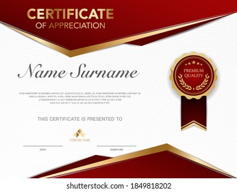 Certificate template red and gold with luxury style image. Diploma of geometric modern design. eps10 vector.