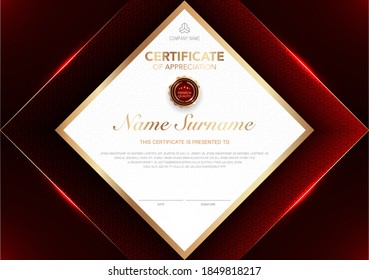 Certificate template red and gold with luxury style image. Diploma of geometric modern design. eps10 vector.