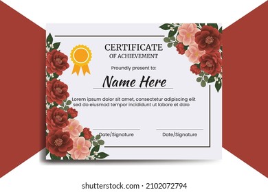 Plantilla de certificado Peony rojo con acuarela de color de flores de color rosa Camellia dibujado a mano digital