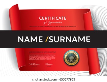 certificate template with red ribbon decoration,diploma,Vector illustration and vector Luxury premium badges design.