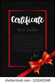 certificate template with red ribbon on black background. vector illustration 
