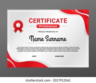 Certificate template, Red and White Background Color. Diploma of elegant certificate Vector. Graduation Certificate border template with wavy gradient design style.