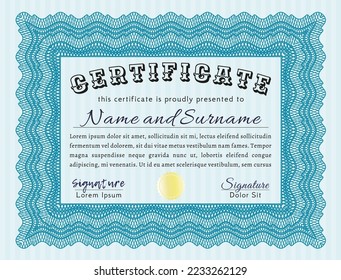 Certificate template.  Retro design.  With guilloche pattern and background.    Light blue color.